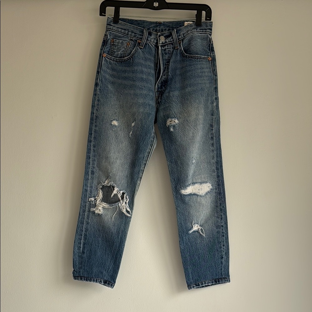 Levi's 501 Skinny Selvedge Blue Ankle Cropped Jeans with Distressed Details